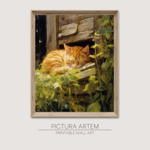 Sleepy cat in a barn | Printable oil painting | Wall art | Animal poster