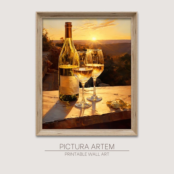 Printable sunset wine oil painting | Contemporary wall art | Living room decor | Golden hour aesthetic