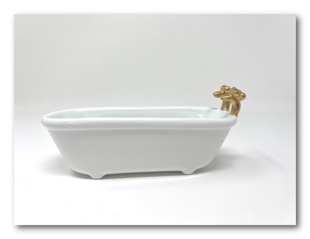 Glazed Ceramic Vintage Style Bath Tub Soap Dish With Hand Painted 24K