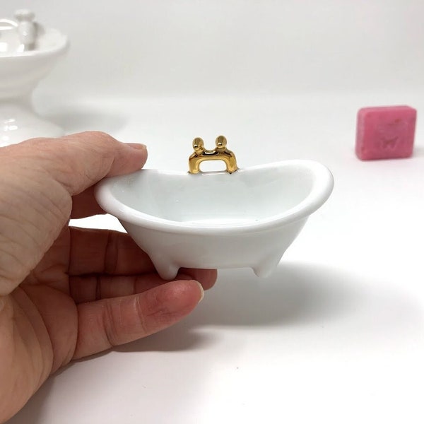 Glazed Ceramic Vintage Style MINI Bath Tub Soap Dish with Hand Painted 24K Gold Faucets