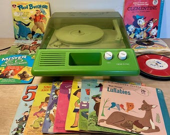 Vintage Green Truetone Turntable with Disney/Kids assortment of 45/78 records