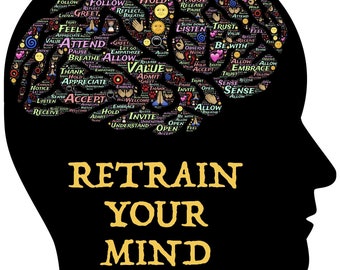 May include: A black silhouette of a person's head with a brain inside. The brain is filled with colorful words and symbols related to mindfulness and positive thinking. The text "RETRAIN YOUR MIND" is written in yellow below the head.
