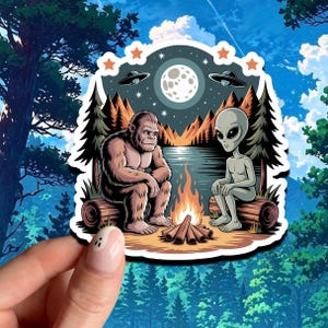 Bigfoot Alien Sticker, Sasquatch Abduction sticker, Alien Gifts, laptop sticker, UFO Sticker, Alien Bigfoot Campfire Sticker