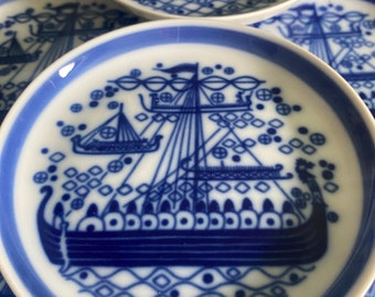 1960s/1970s Porsgrund Porcelain Vikings in Longboat Trinket Dishes / Coasters / Ashtrays Decor by Anne Marie Ødegaard