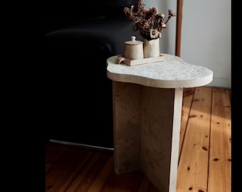 Piedra natural, travertino, diseño italiano 20 x 30 x 43 cm, mesa de centro, taburete para plantas, mesita de noche, mesa de piedra hecha a mano, mesa auxiliar