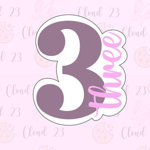 May include: A cookie cutter in the shape of the number 3, with the word "Three" in cursive script. The number is a muted purple color, and the word "Three" is in a light pink. The background is light pink with the words "Cloud 23" repeated.