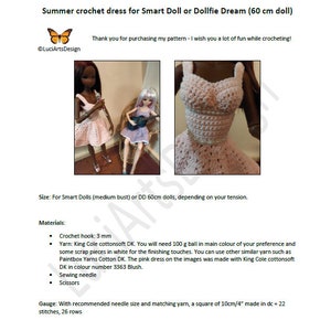 May include: A crochet pattern for a summer dress for a 60 cm doll. The pattern includes instructions for a pink dress and a white dress. The pattern is by LuciArtsDesign.