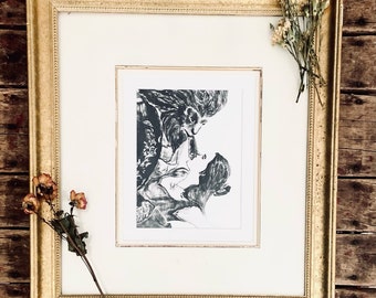 8x10 or 11x14, watercolor, print, Beauty and the Beast, black and white, warm, handmade gift, anniversary, birthday, Mother’s Day, movie