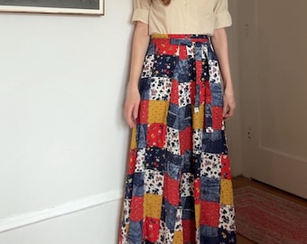 vintage patchwork print skirt 古着　70s 1970's Patchwork Maxi Skirt