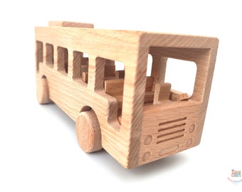 Wooden School Bus Toy Gift for Kids, Handmade Wooden Bus Toy for Toddler, Organic Wooden Toy with Personalized Toy Bag, Baby Room Decor