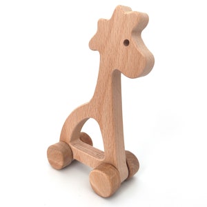 Unique Wooden Giraffe Toy on Wheels for Toddler, Handmade Wooden Giraffe with Personalized Toy Bag, Wooden Animal Toy Gift for Kids