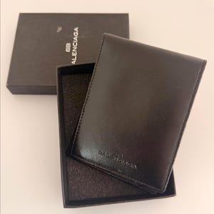 Balenciaga Black Leather Wallet with Mini Ballpoint Pen and Box, Luxury Bifold Card Holder for Cards, Folded Cash and Notes