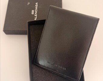 Balenciaga Black Leather Wallet with Mini Ballpoint Pen and Box, Luxury Bifold Card Holder for Cards, Folded Cash and Notes