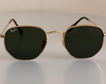 Ray-Ban RB3548-N Hexagonale Sonnenbrille, goldener Rahmen, grüne Gläser, gebraucht, authentische Ray-Ban 51-21 Unisex-Brille im Vintage-Stil