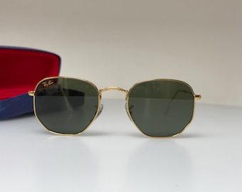 Ray-Ban Hexagonal Gold Vintage Sonnenbrille – Grüne Gläser – Detailreicher Rahmen – Seltenes Sammlerstück