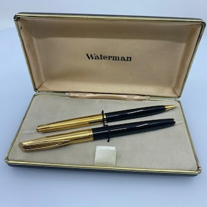 Set di penna stilografica e penna a sfera Waterman Vintage con pennino in oro 18 carati (n. P27831) in scatola - Nero e oro