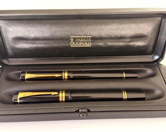 Parker Duofold Fountain Pen & Ballpoint Set, Black Gold Trim, 18K Fine Gold Nib, Original Parker Box, Luxury Vintage Pen Set