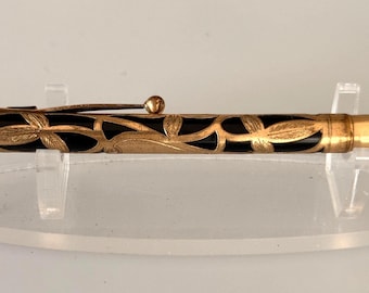 Antique 14KT Gold Filled Mechanical Pencil, Openwork Floral Overlay, Black Hard Rubber, Art Deco Propelling Pencil