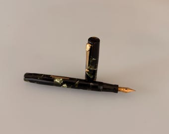 Mabie Todd Swan Fountain Pen, Green Black Marbled Celluloid, Swan No. 2 14ct Gold Nib, Vintage England