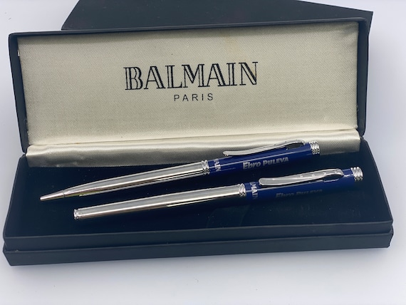 BALMAIN バルマン ボールペン&ローラーボールペンセット 証書付き バルマン パリ 万年筆＆ボールペンセット、ブルーシルバー彫刻入り