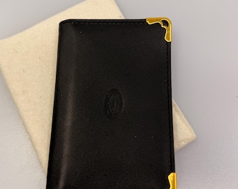 Vintage Cartier Leather Card Holder | Black with Gold Corners Two-Slot ID or Credit Card Case