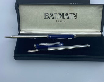 バルマン パリ 万年筆＆ボールペンセット、ブルーシルバー彫刻入り