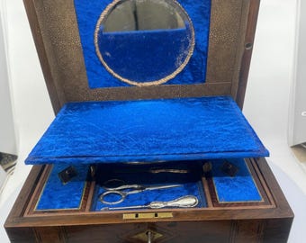 Victorian Rosewood Vanity Box – Sterling Silver  Tools – Blue Velvet & Shagreen – Secret Compartment – Complete Antique Necessaire