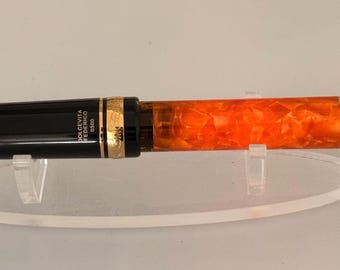 Delta Dolcevita Federico Fountain Pen Full Set, Never Inked, 18K F Gold Nib, Orange Black Resin, Italian Collector Pen