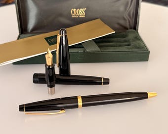 Vintage Cross Fountain Pen and Ballpoint Pen Set, Black Lacquer Gold Tone Trim, Fine F Nib, Original Box