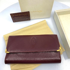 Vintage Must de Cartier International Wallet Bordeaux Calfskin Leather, Burgundy Long Wallet with Box and Papers, New Old Stock