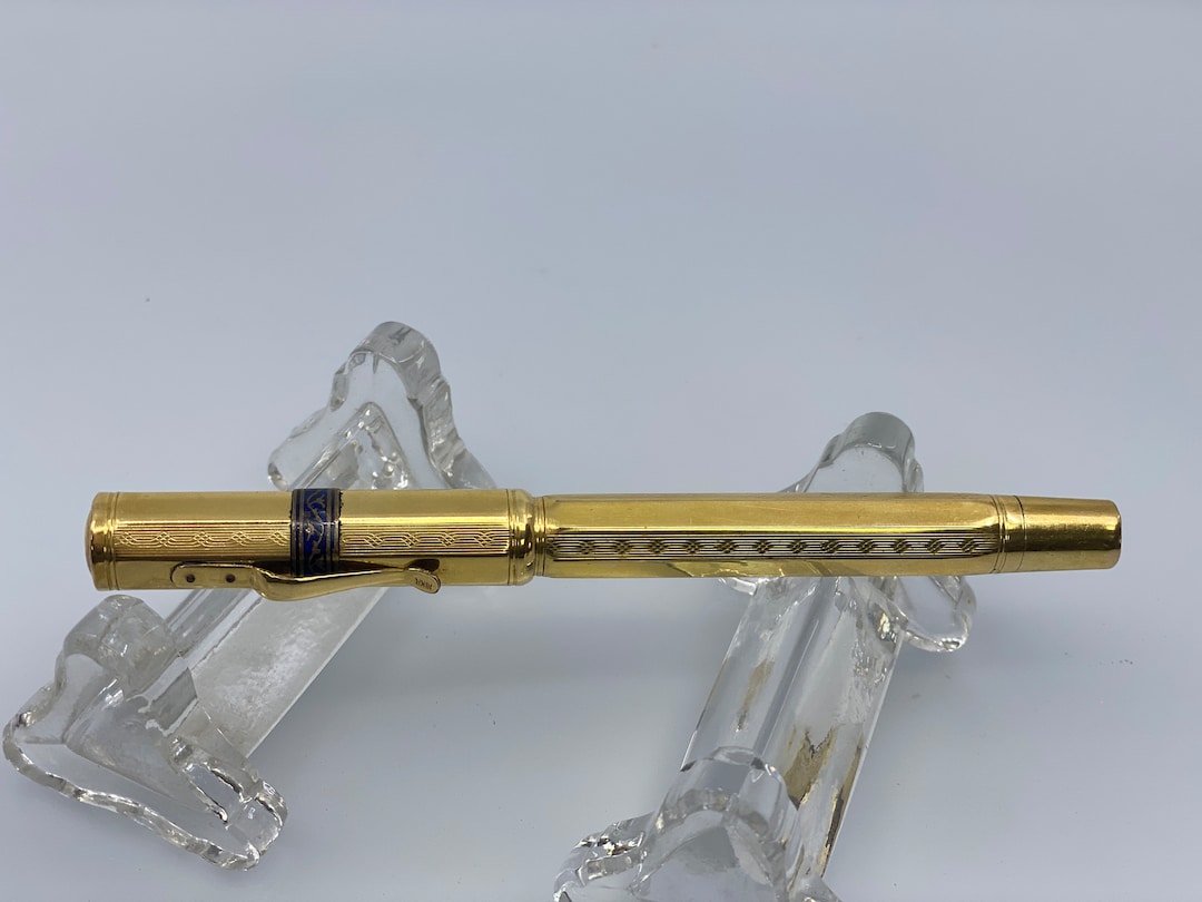Rare Antique Fountain Pen - 18KR Gold Overlay Blue Enamel