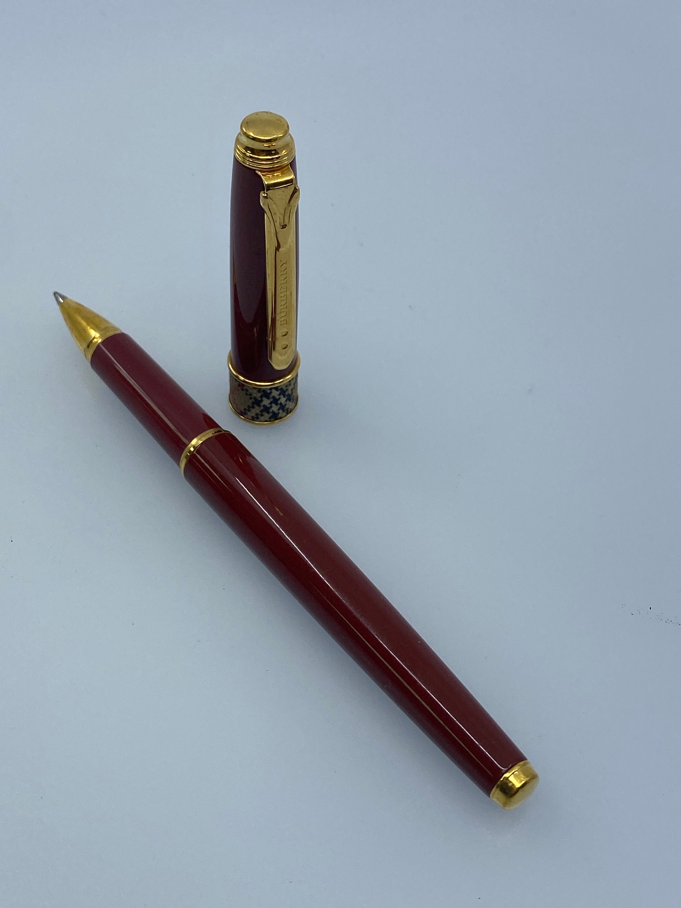 Vintage Burberry Rollerball Pen, Burgundy Red Lacquer, Gold Tone