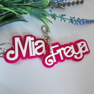 Doll Inspired Personalised Name Keyring, Keychain Pink & White Key Ring Movie Memorabilia Fun Gift for Pink Doll Film, Bag Charm, Car Gift