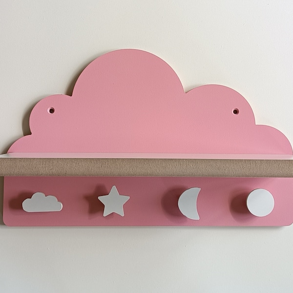 Cloud shelf for children's bedroom, cloud-shaped wall hanger shelf with customizable knobs, cloud shelves
