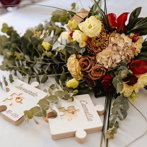 scritta nome personalizzata, coppia porta fedi nuziale, cuscino puzzle in legno per decorazione matrimonio e cerimonie