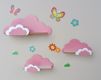 Set di 3 mensole da parete Cloud, scaffali per cameretta per bambini, mensola a forma di nuvola in legno per la scuola con decorazione.