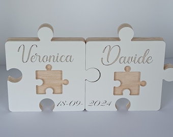 scritta nome personalizzata, coppia porta fedi nuziale, cuscino puzzle in legno per decorazione matrimonio e cerimonie