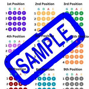 May include: A violin finger chart with nine positions, each displaying finger placements for GDAE strings. Colored circles indicate finger positions, with the text "SAMPLE" overlaid. A violin and owl graphic are at the top.