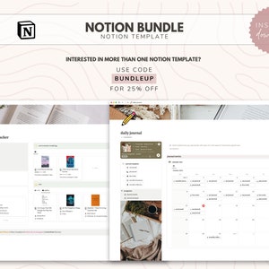 K&ouml;nnte beinhalten: Ein Screenshot eines Computerbildschirms, der zwei Notion-Vorlagen zeigt. Die erste Vorlage ist ein Lese-Tracker mit einer Liste von B&uuml;chern und einem Abschnitt f&uuml;r das aktuelle Lesen. Die zweite Vorlage ist ein t&auml;gliches Tagebuch mit einem Kalender und einem Abschnitt f&uuml;r Tagebucheintr&auml;ge. Der Text "NOTION BUNDLE" und "INSTANT DOWNLOAD" wird oben im Bild angezeigt.