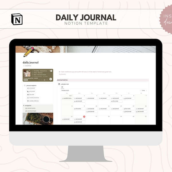 Notion Daily Journal Template // Notion Dashboard | Notion Templates | Digital Journal | Aesthetic Journal | Self reflection journal prompts
