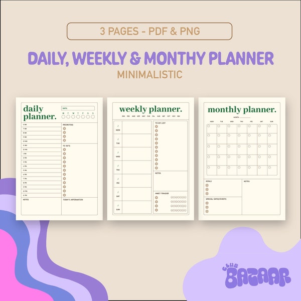 printbare planner - dagplanner - weekplanner - maandplanner - minimalistisch - plannerset - directe download - PDF&PNG