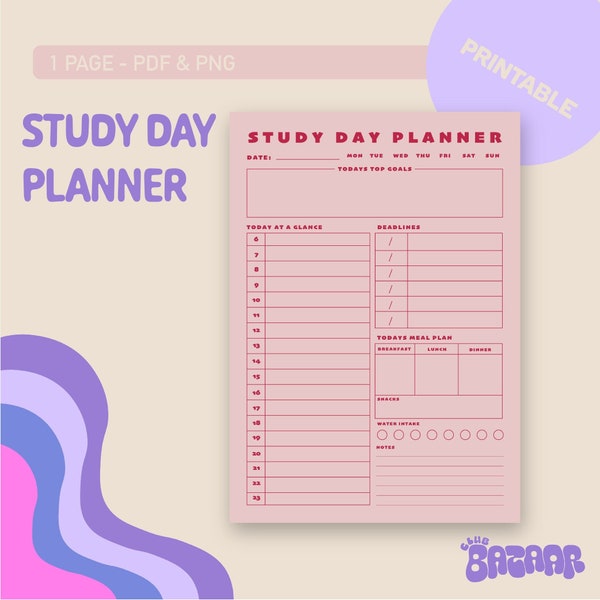 study day planner - printbare planner - dagplanner - minimalistisch - student - viva magenta - directe download - PDF&PNG