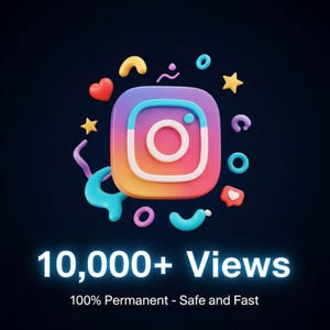 May include: A 3D rendering of the Instagram logo in a gradient of colors, surrounded by floating hearts, stars, and other shapes. The text "10,000+ Views" is displayed below the logo, with the text "100% Permanent - Safe and Fast" underneath.