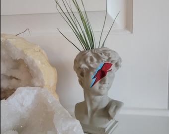 May include: A concrete planter shaped like a bust of a person with a red and blue lightning bolt painted on the eye. The planter is holding a small green plant.