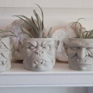 May include: Three gray concrete planters, each sculpted with a monster face design, hold air plants. The planters are arranged on a white shelf, with large, white, crystal-like formations in the background.