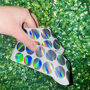 May include: A roll of round, iridescent holographic stickers. The stickers are silver with a rainbow sheen.