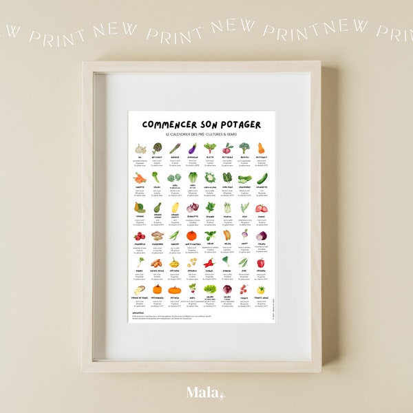 Calendrier des plantations et semis pour le jardin en poster, 48 variétés de fruits et légumes de saison, A3 et A4 - FR version