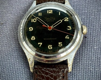 Vintage mechanical watch - Zentra - black military dial - 34mm - sweep seconds - late 1960s - serviced