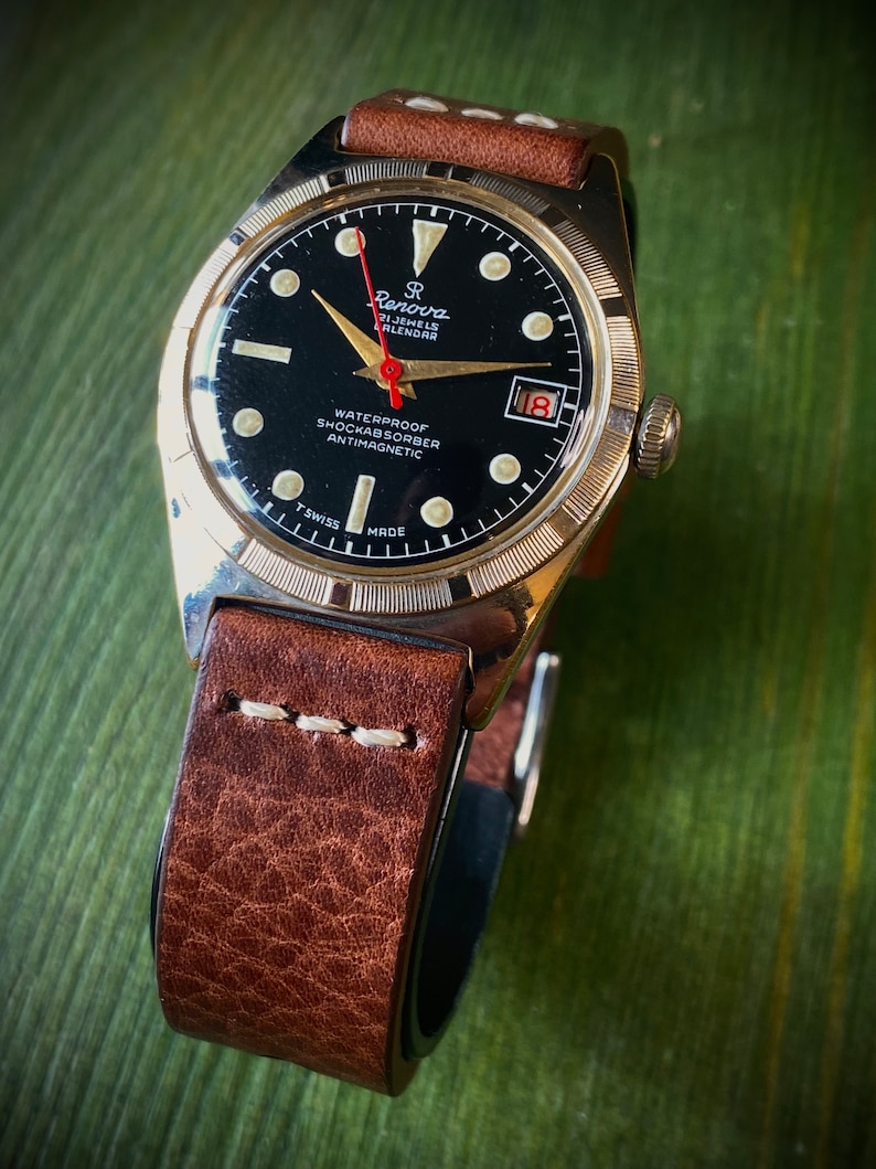 Swiss-made SR RENOVA Datumsfunktion schwarzes Zifferblatt mechanische Vintage Uhr ca. 1965 gewartet Bild 7
