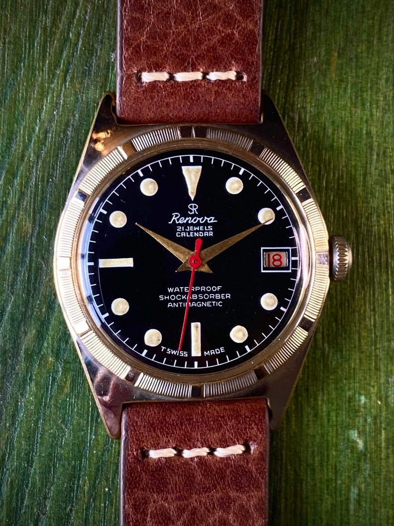 Swiss-made SR RENOVA Datumsfunktion schwarzes Zifferblatt mechanische Vintage Uhr ca. 1965 gewartet Bild 2